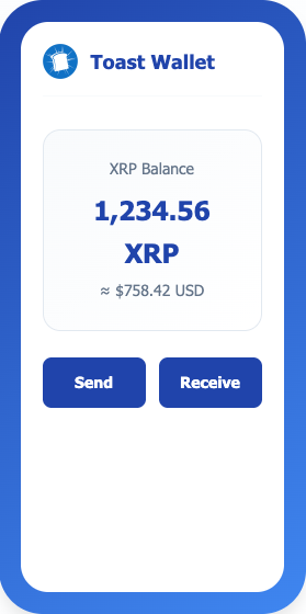 Toast Wallet wallet app interface showing Bitcoin portfolio and Send/Receive buttons